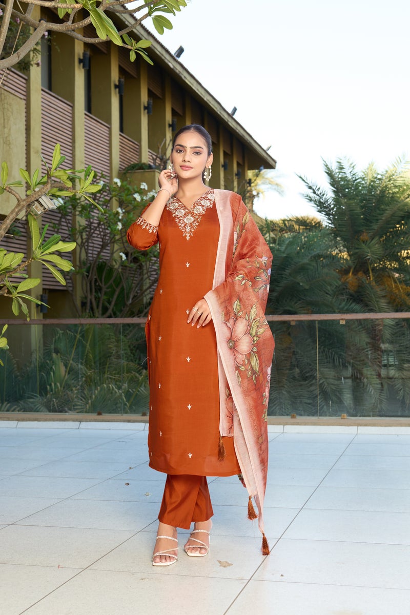 VISHVA CREATION Rust Straight Kurta Set for Women - Image 1